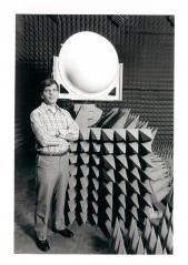 GTRI's Bill Cooke shows off an S-band telemetry antenna system used to c...